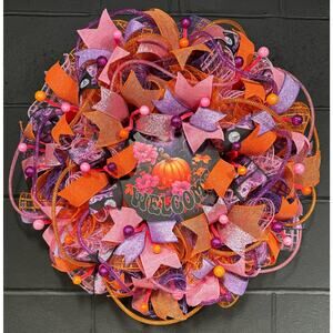 Fall Wreath For Front Door Halloween Pumpkin Orange Pink Purple Handmade 24 inch